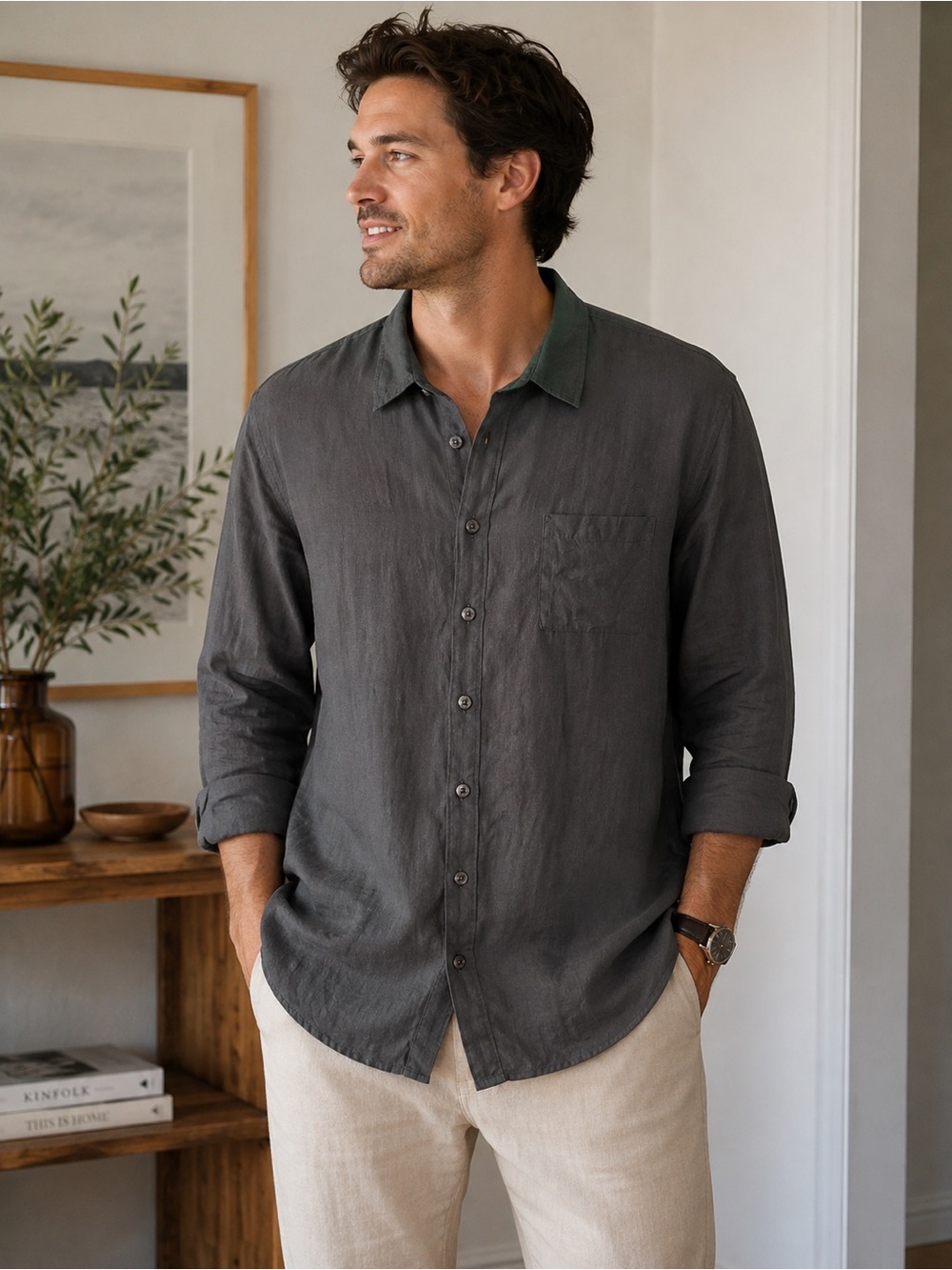 FLAX 100% Linen Men’s Button Down Shirt Large Charcoal Gray Relaxed Fit
